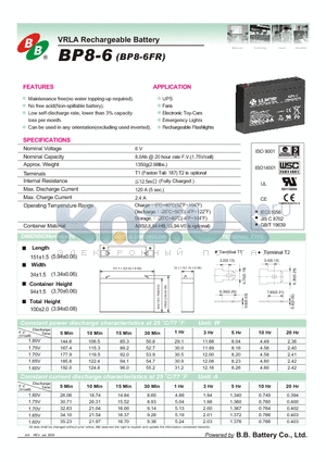 BP8-6 datasheet - VRLA Rechargeable Battery