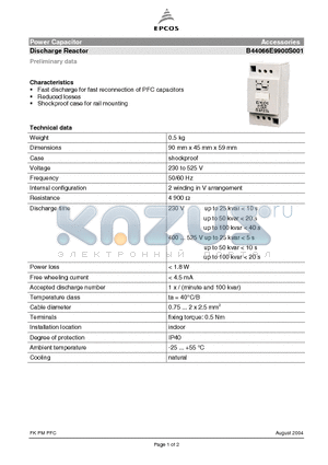 B44066E9900S001 datasheet - Power Capacitor Accessories Discharge Reactor