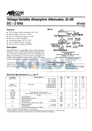 AT-635PIN datasheet - Vo l t age Va r i a ble Absorptive Attenu a t o r, 35 dB DC - 2 GHz
