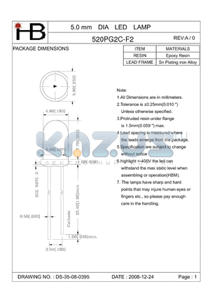 520PG2C-F2 datasheet - 5.0 mm DIA LED LAMP