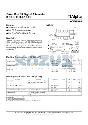 AT001D6-25 datasheet - GaAs IC 4 Bit Digital Attenuator 3 dB LSB DC-1 GHz