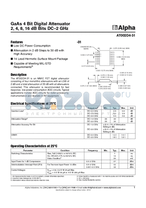 AT002D4-31 datasheet - GaAs 4 Bit Digital Attenuator 2, 4, 8, 16 dB Bits DC-2 GHz