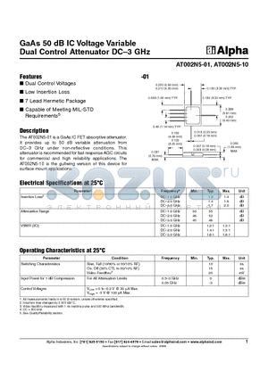 AT002N5-01 datasheet - GaAs 50 dB IC Voltage Variable Dual Control Attenuator DC-3 GHz