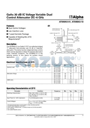 AT006N3-01 datasheet - GaAs 30 dB IC Voltage Variable Dual Control Attenuator DC-6 GHz
