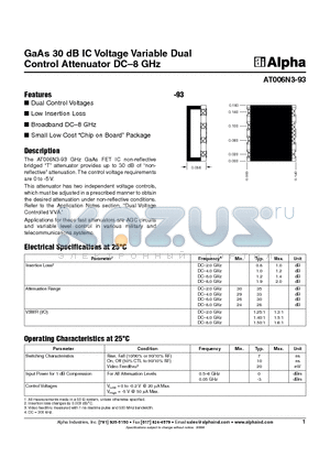 AT006N3-93 datasheet - GaAs 30 dB IC Voltage Variable Dual Control Attenuator DC-8 GHz