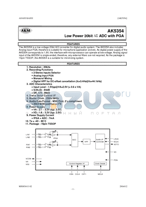 AKD5354 datasheet - Low Power 20bit DS ADC with PGA