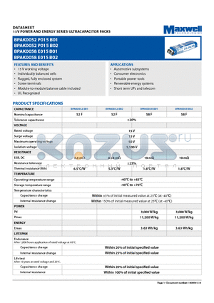 BPAK0052P015B02 datasheet - 15V POWER AND ENERGY SERIES ULTRACAPACITOR PACKS