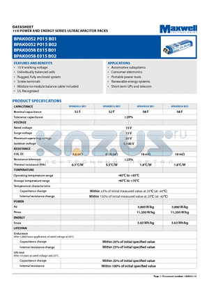 BPAK0058E015B01 datasheet - 15V POWER AND ENERGY SERIES ULTRACAPACITOR PACKS