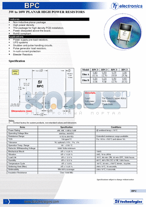 BPC datasheet - 3W to 10W PLANAR HIGH POWER RESISTORS