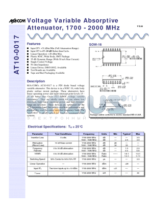 AT10-0017TR datasheet - Voltage Variable Absorptive Attenuator, 1700 - 2000 MHz