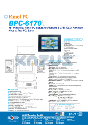 BPC-6170 datasheet - INDUSTRIAL PANEL PC SUPPORTS PENTIUM 4 CPU OSD FUNCTION KEYS FOUR PCI SLOTS