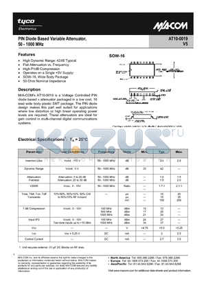 AT10-0019TR datasheet - PIN Diode Based Variable Attenuator, 50 - 1000 MHz
