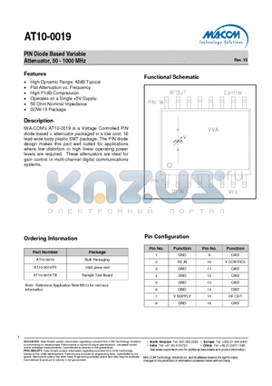 AT10-0019TR datasheet - PIN Diode Based Variable Attenuator, 50 - 1000 MHz