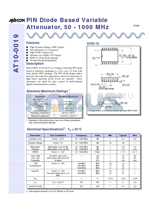 AT10-0019-TB datasheet - PIN Diode Based Variable Attenuator, 50 - 1000 MHz