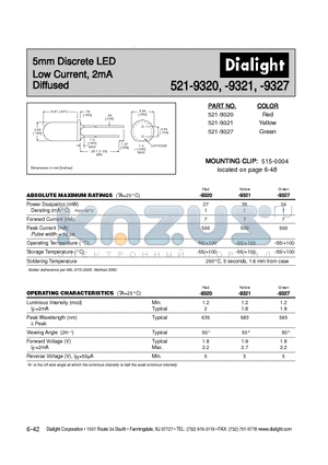 521-9320 datasheet - 5mm Discrete LED Low Current, 2mA Diffused