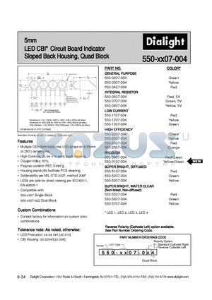 521-9321 datasheet - 5mm LED CBI Circuit Board Indicator Sloped Back Housing, Quad Block