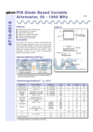 AT10-0019TR datasheet - PIN Diode Based Variable Attenuator, 50 - 1000 MHz