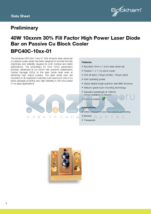 BPC40C datasheet - 40W 10xxnm 30% Fill Factor High Power Laser Diode Bar on Passive Cu Block Cooler