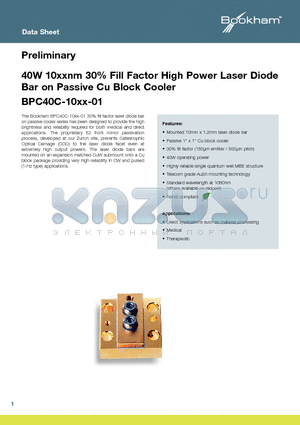 BPC40C-1060-01 datasheet - 40W 10xxnm 30% Fill Factor High Power Laser Diode Bar on Passive Cu Block Cooler