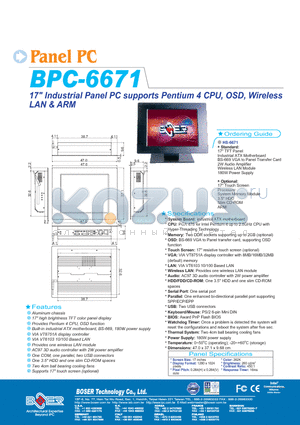 BPC-6671 datasheet - 17 INDUSTRIAL PANEL PC SUPPORTS PENTIUM 4 CPU OSD WIRELESS