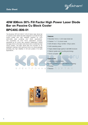 BPC40C-806-01 datasheet - 40W 806nm 30% Fill Factor High Power Laser Diode Bar on Passive Cu Block Cooler