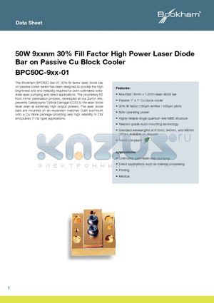 BPC50C-940-01 datasheet - 50W 9xxnm 30% Fill Factor High Power Laser Diode Bar on Passive Cu Block Cooler