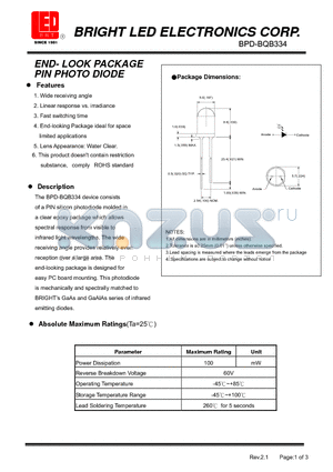 BPD-BQB334 datasheet - END- LOOK PACKAGE PIN PHOTO DIODE