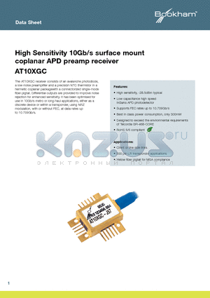 AT10XGC datasheet - High Sensitivity 10Gb/s surface mount coplanar APD preamp receiver