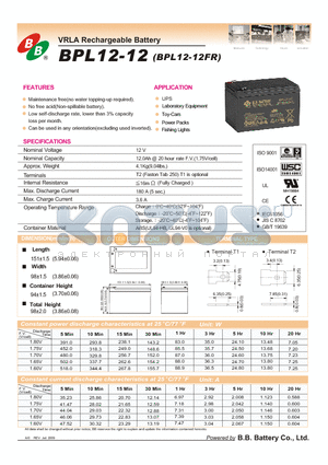 BPL12-12 datasheet - VRLA Rechargeable Battery