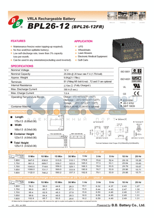 BPL26-12FR datasheet - VRLA Rechargeable Battery