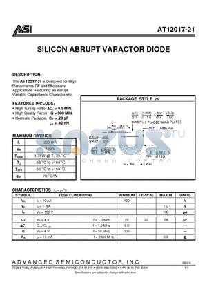 AT12017-21 datasheet - SILICON ABRUPT VARACTOR DIODE