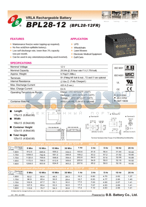 BPL28-12 datasheet - VRLA Rechargeable Battery