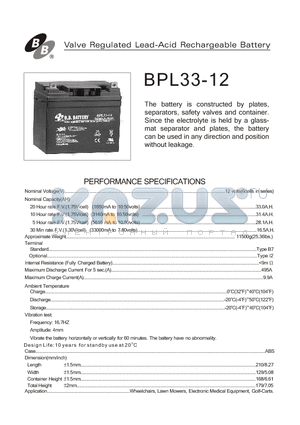BPL33-12 datasheet - Valve Regulated Lead-Acid Rechargeable Battery