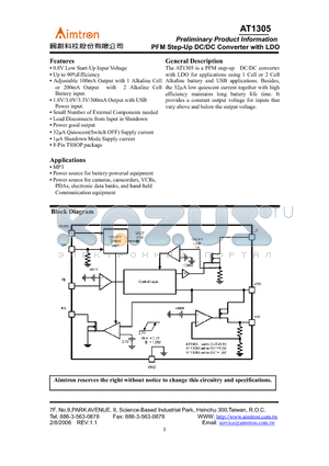 AT1305 datasheet - PFM Step-Up DC/DC Converter with LDO