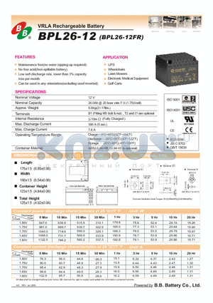 BPL26-12 datasheet - VRLA Rechargeable Battery