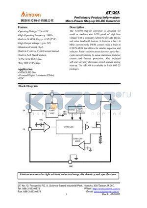 AT1308 datasheet - Preliminary Product Information Micro-Power Step up DC-DC Converter