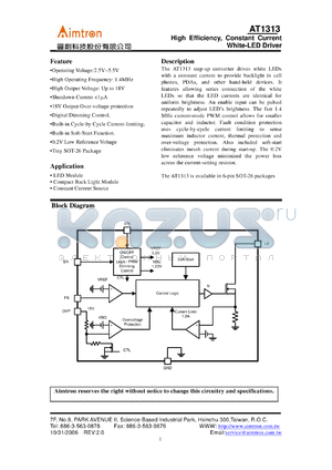 AT1313 datasheet - High Efficiency, Constant Current White-LED Driver