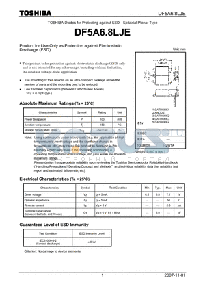 DF5A6.8LJE datasheet - Product for Use Only as Protection against Electrostatic Discharge (ESD)