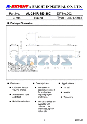 AL-314IR-850-30C datasheet - 3 mm Round LED Lamps