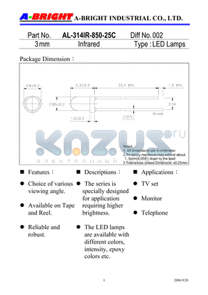 AL-314IR-850-25C datasheet - 3mm Infrared LED Lamps