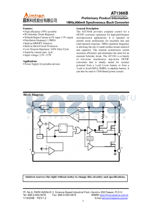 AT1366BX-GRE datasheet - 1MHz,800mA Synchronous Buck Converter