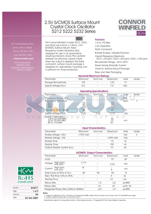 5212 datasheet - 2.5V LVCMOS SURFACE MOUNT 7.5x5mm CRYSTAL CLOCK OSCILLATOR