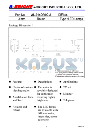 AL-314OR1C-A datasheet - 3 mm Round LED Lamps