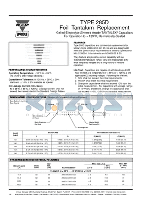 285D106X0100G3 datasheet - TYPE 285D Foil Tantalum Replacement