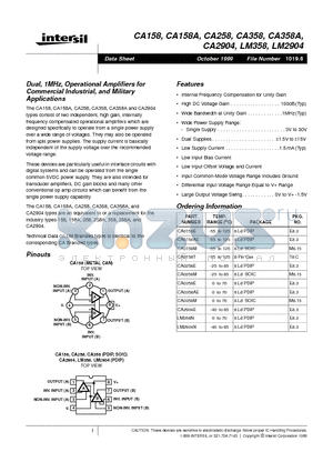 CA158A datasheet - Dual, 1MHz, Operational Amplifiers for Commercial Industrial, and Military Applications