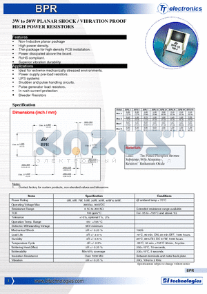 BPR10500F datasheet - 3W to 50W PLANAR SHOCK / VIBRATION PROOF HIGH POWER RESISTORS