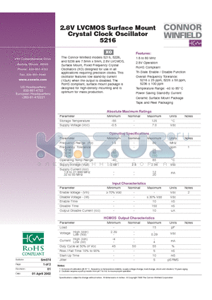 5216 datasheet - 2.8V LVCMOS Surface Mount Crystal Clock Oscillator