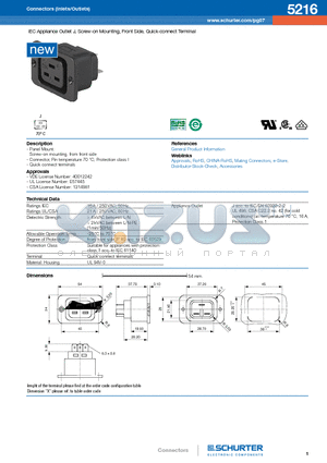 5216-H-ABC0-D-E datasheet - IEC Appliance Outlet J, Screw-on Mounting, Front Side, Quick-connect Terminal