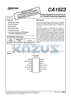 CA1523 datasheet - Voltage Regulator Control Circuit for Variable Switching Regulator