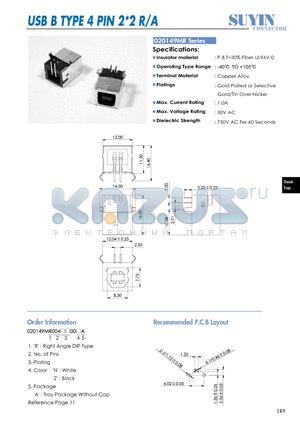 020149MR datasheet - USB B TYPE 4 PIN 2X2 R/A